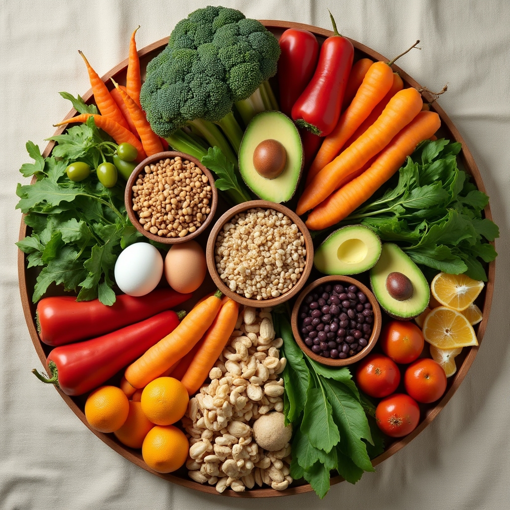 Overhead view of nutritious whole foods including fruits, grains, and vegetables